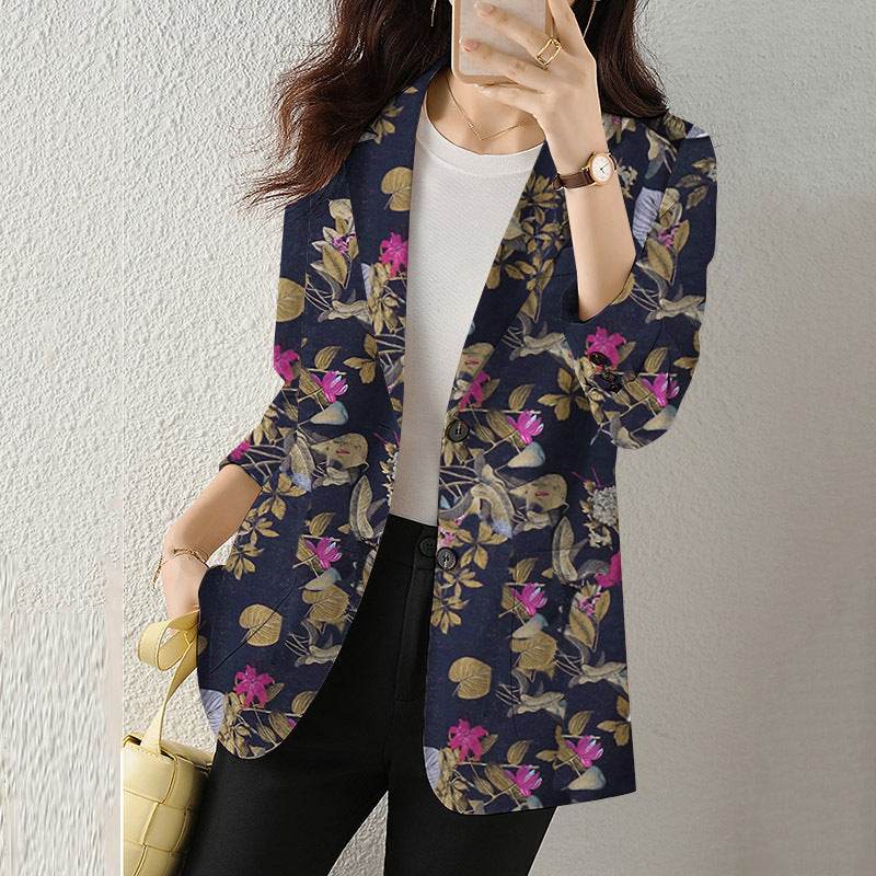 Women's Button Printed Long-sleeved Pocket Vintage Cotton And Linen jacket Blazer - www.Shopthatapp.com