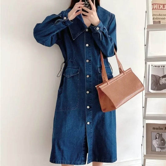 New Long Sleeve Button loose Denim Midi Dress Women - www.Shopthatapp.com