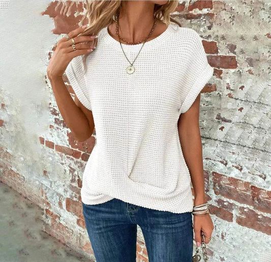 Casual Summer Short-sleeved Waffle blouse Top Summer New Solid Color Casual Evening Top For Women - www.Shopthatapp.com