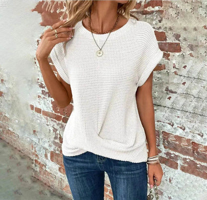 Casual Summer Short-sleeved Waffle blouse Top Summer New Solid Color Casual Evening Top For Women - www.Shopthatapp.com