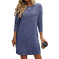 Casual New Solid Color Striped With Pockets Long Sleeve Loose Mini Dress Fashion Round Neck Straight Dress Women's Clothing - www.Shopthatapp.com