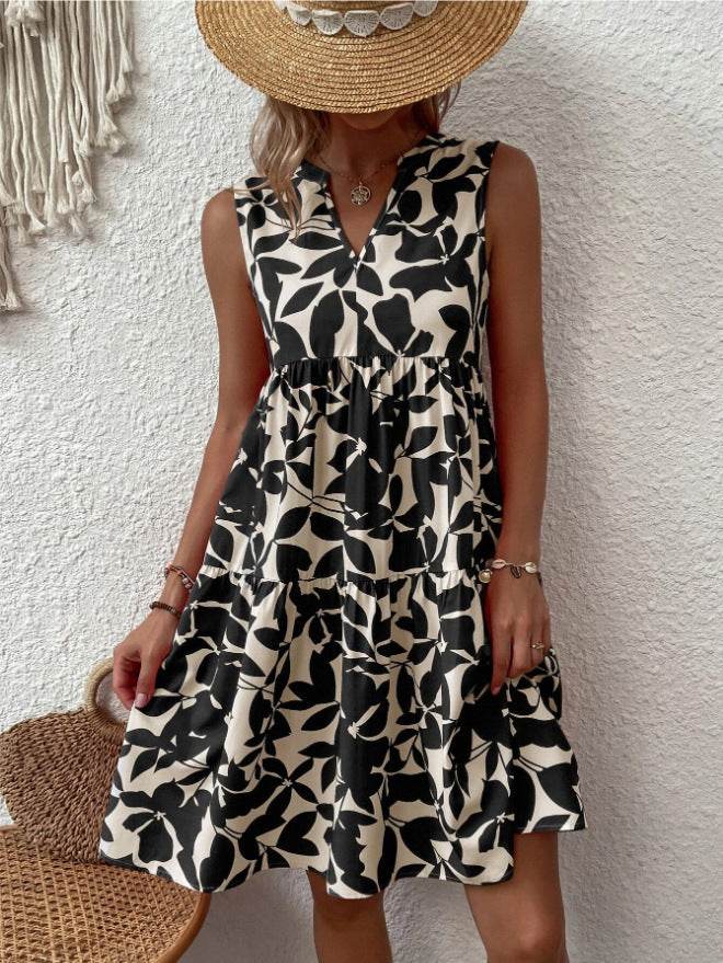 Bohemian Dresses Summer Beach Fashion Loose V-neck Pleated Print Sleeveless Dress For Women - www.Shopthatapp.com