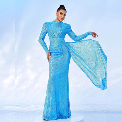 Long Sleeve Round Neck Slim Long Sequined Banquet Dress - www.Shopthatapp.com
