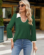 Casual Color Matching Lapel Long Sleeve Blouse Top Women - www.Shopthatapp.com