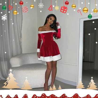 Women's Christmas Costume Santa Dress Plush Trim Boat-Neck Off-Shoulder Sleeve Dress New Year Party Cosplay Costume - www.Shopthatapp.com