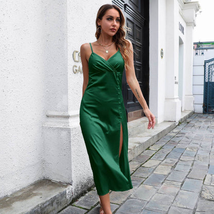 Women's Breasted Satin silk V-neck Spaghetti strap Backless Midi Dress cocktail split dress - www.Shopthatapp.com