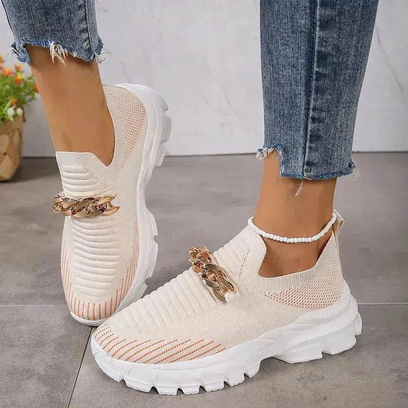 Fashion Chain Design Mesh Shoes For Women Breathable Casual Soft Sole Walking Sock Slip On Flat Chunky Sneakers Shoes for Women - www.Shopthatapp.com