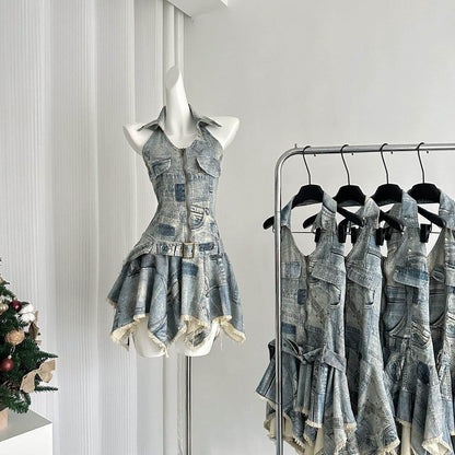 Waist-tight Halter Denim Dress Women's Distressed Retro Slimming Skirt - www.Shopthatapp.com