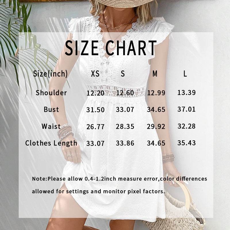 Women's V Neck Lace Mini Dresses Casual Summer Ruffle Sleeve Crochet Sundresses - www.Shopthatapp.com