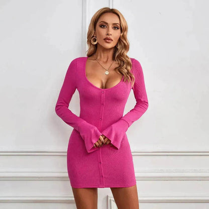 Chic Ladies Bodycon U-neck Long-sleeved Dress Charming Slim Hip-hugging Short Mini  Dresses  for Women - www.Shopthatapp.com