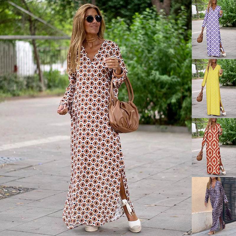 Summer Geometric Printed V-neck Long Dress Fashion Long Sleeve Slit Dresses For Women - www.Shopthatapp.com