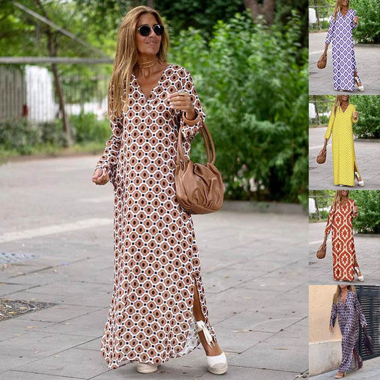 Summer Geometric Printed V-neck Long Dress Fashion Long Sleeve Slit Dresses For Women - www.Shopthatapp.com