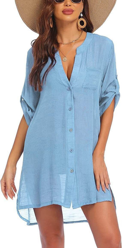 European And American Sun Protection Women Beach Linen Shirt dress - www.Shopthatapp.com