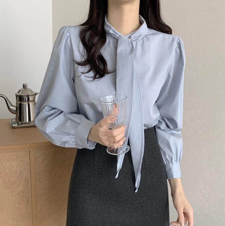 Spring New Gentle Lace-up Bow Tie Design Puff Sleeve Solid Color Shirt For Women - www.Shopthatapp.com