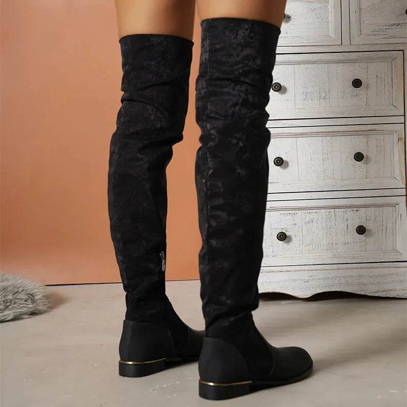 Fashion Over-the-knee Boots For Women Suede Stitching Low-heeled Long Boots With Side Zipper Design Party Shoes Winter - www.Shopthatapp.com
