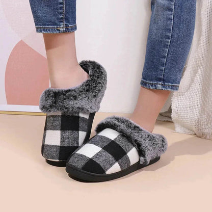 Winter Warm Plaid Plush Slippers Home Indoor Non-slip Bedroom Floor Soft Fuzzy Slipper For Couple Fashion Solid House Shoes - www.Shopthatapp.com