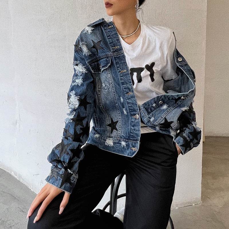 Lapel Star Patch Shredded Single Breasted Denim Jacket For Women - www.Shopthatapp.com