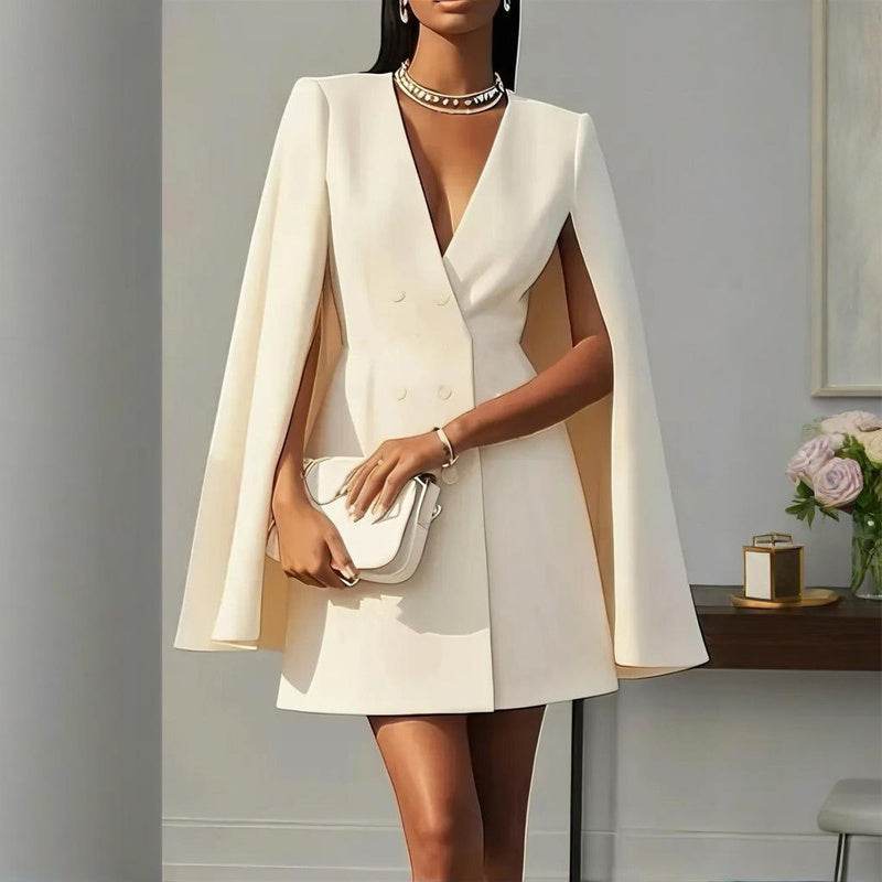 Formal V Neck Double-Breasted Mini Cape Sleeve Dress - www.Shopthatapp.com