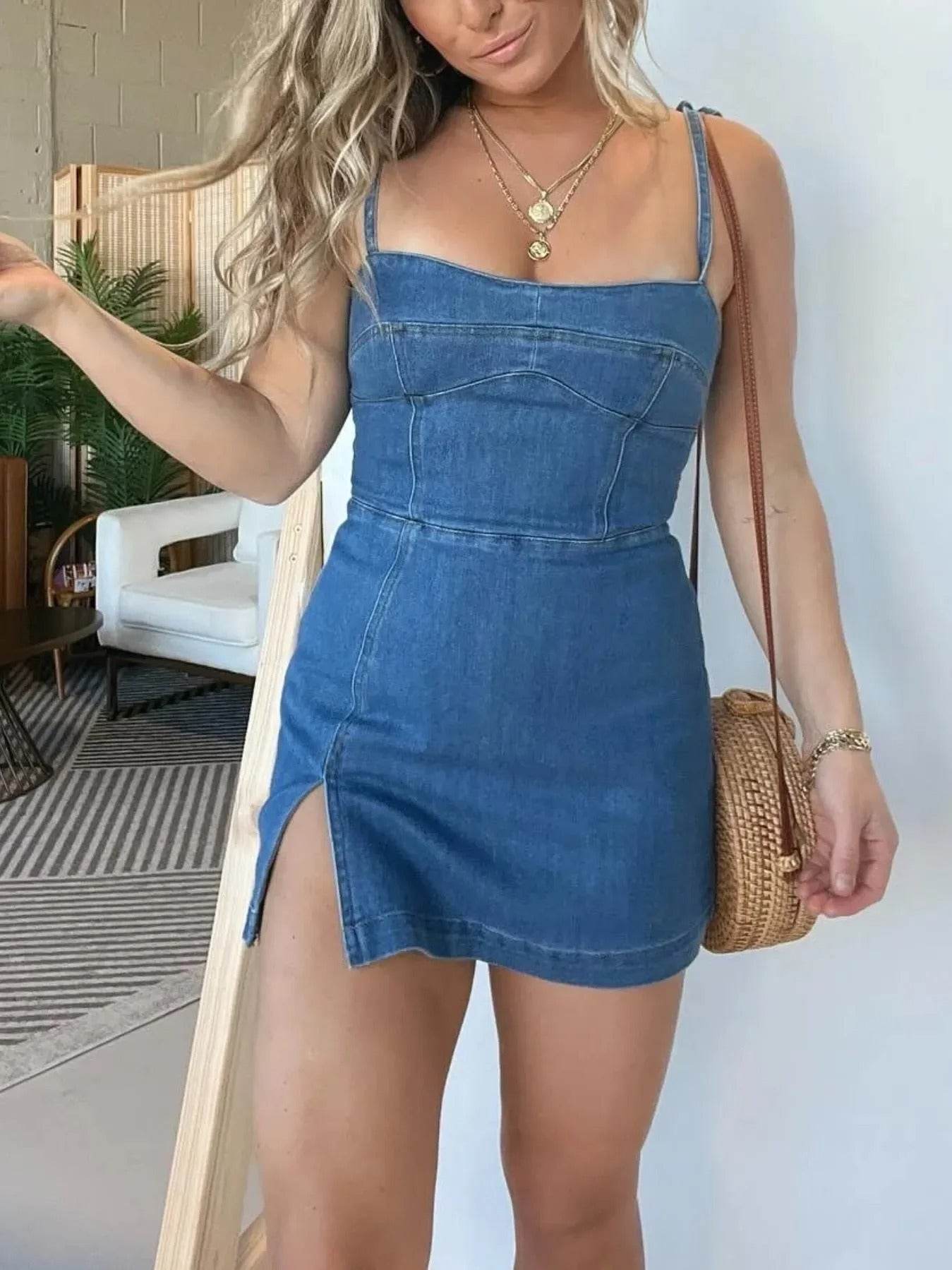 Fashion Slim Fit Slit Sling Denim Mini  sleeveless Dress Women - www.Shopthatapp.com
