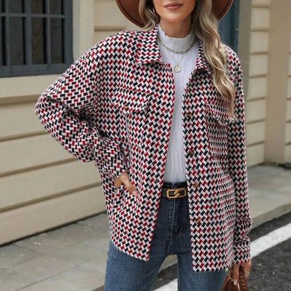 Casual Houndstooth Lapel Tweed Button long sleeve shirt tops for women - www.Shopthatapp.com