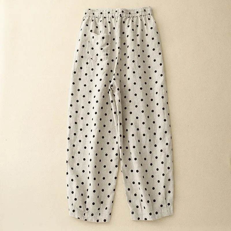 Cotton Hemp Polka Dots Tied Elastic Waist Harem wide go lneg trouser Pants For Women - www.Shopthatapp.com