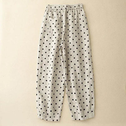 Cotton Hemp Polka Dots Tied Elastic Waist Harem wide go lneg trouser Pants For Women - www.Shopthatapp.com
