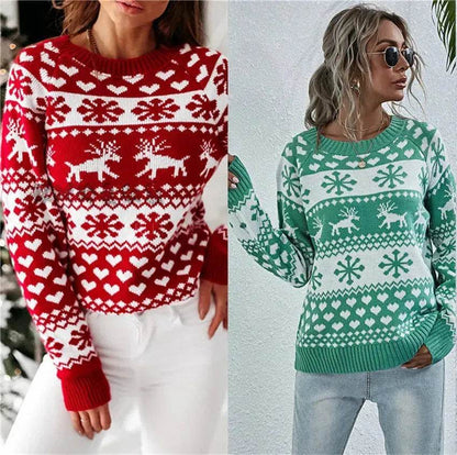 Elk Autumn And Winter New Knitted Round Neck Women's Christmas Snowflake Pullover Women's Sweater - www.Shopthatapp.com