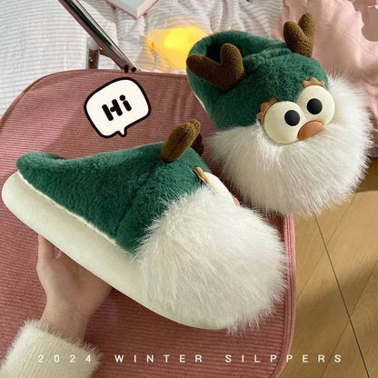 Cute Cartoon Christmas Deer Cotton Shoes Winter Indoor Floor Home Slippers Half-covered Heel Warm Plush Shoes Women - www.Shopthatapp.com