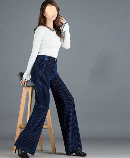Gold Silk Striped Velvet Wide Leg trouser Pants Women - www.Shopthatapp.com
