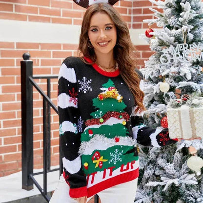 Women's Christmas Sweater Reindeer Xmas Snowflake Christmas Tree Patterns Knitted Sweater Long Sleeve Elk Letter Printed Pullover - www.Shopthatapp.com