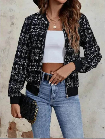 Autumn Winter Casual Long Sleeve plaid Houndstooth  zipper outwear jacket women - www.Shopthatapp.com