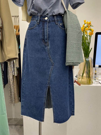 Casual Front Slit Dark Blue and Light Blue Denim Midi Skirt for women - www.Shopthatapp.com