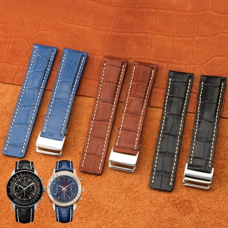 22mm 24mm Black Brown Blue Bamboo Grain Cowhide Watch Strap - www.Shopthatapp.com