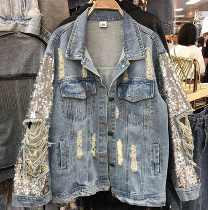 Street Fashion Heavy Industry lose Ripped Sequined Sleeve Denim Jacket Women - www.Shopthatapp.com