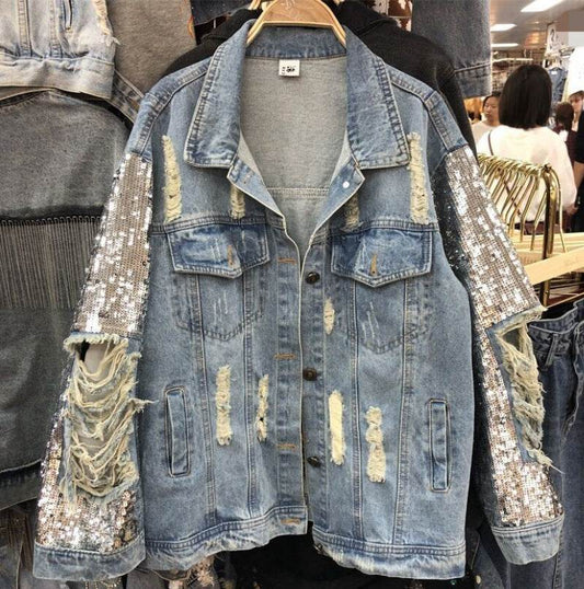 Street Fashion Heavy Industry lose Ripped Sequined Sleeve Denim Jacket Women - www.Shopthatapp.com