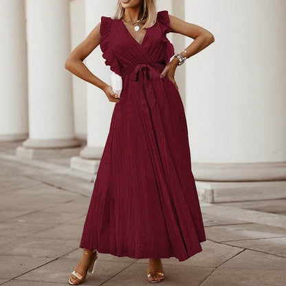 Maxi Dresses For Women - Elegant V Neck Ruffled Sleeves Empire Waist Pleated Flowy Dress - www.Shopthatapp.com