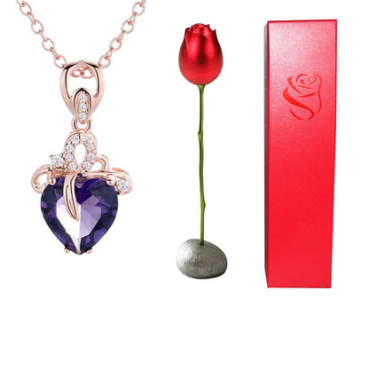 Valentines Day Gift Heart Shaped Blue Purple Crystal Diamond Pendant Rose Head Necklace - www.Shopthatapp.com