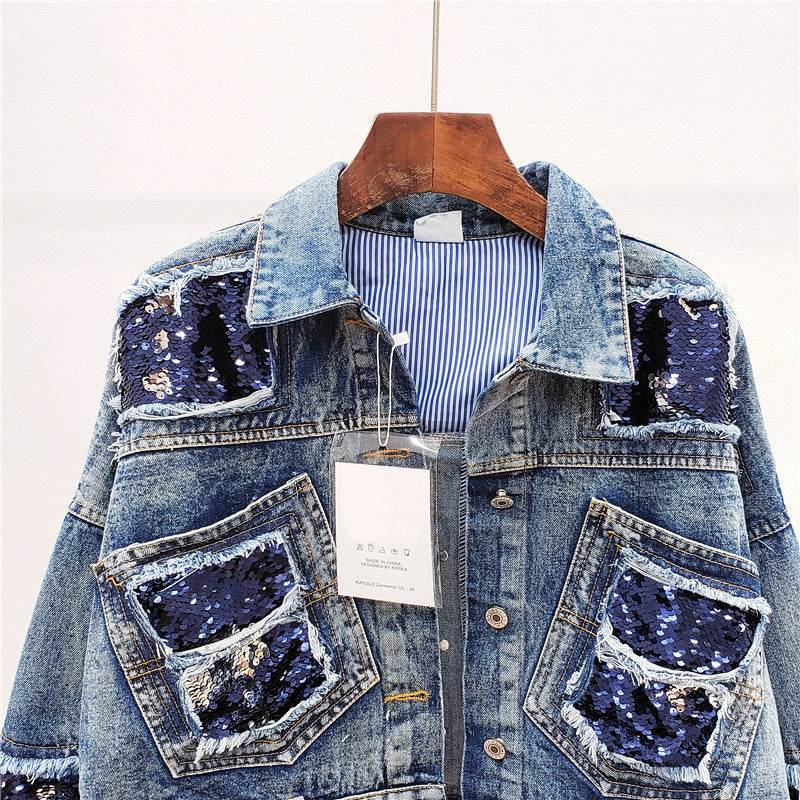 Heavy Industry Sequins Short Doll Sleeve Denim Jacket Women - www.Shopthatapp.com