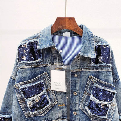 Heavy Industry Sequins Short Doll Sleeve Denim Jacket Women - www.Shopthatapp.com