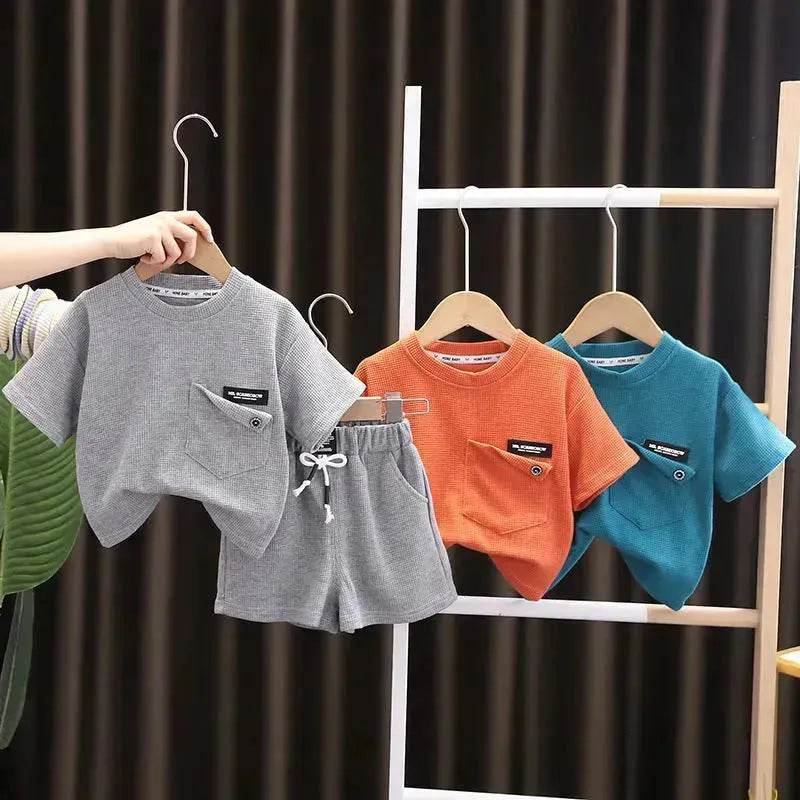 Children's Summer Clothing Casual Plain color Cotton Short Sleeve shirt and Short pant Two-piece Set - www.Shopthatapp.com