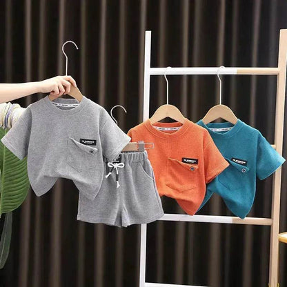 Children's Summer Clothing Casual Plain color Cotton Short Sleeve shirt and Short pant Two-piece Set - www.Shopthatapp.com