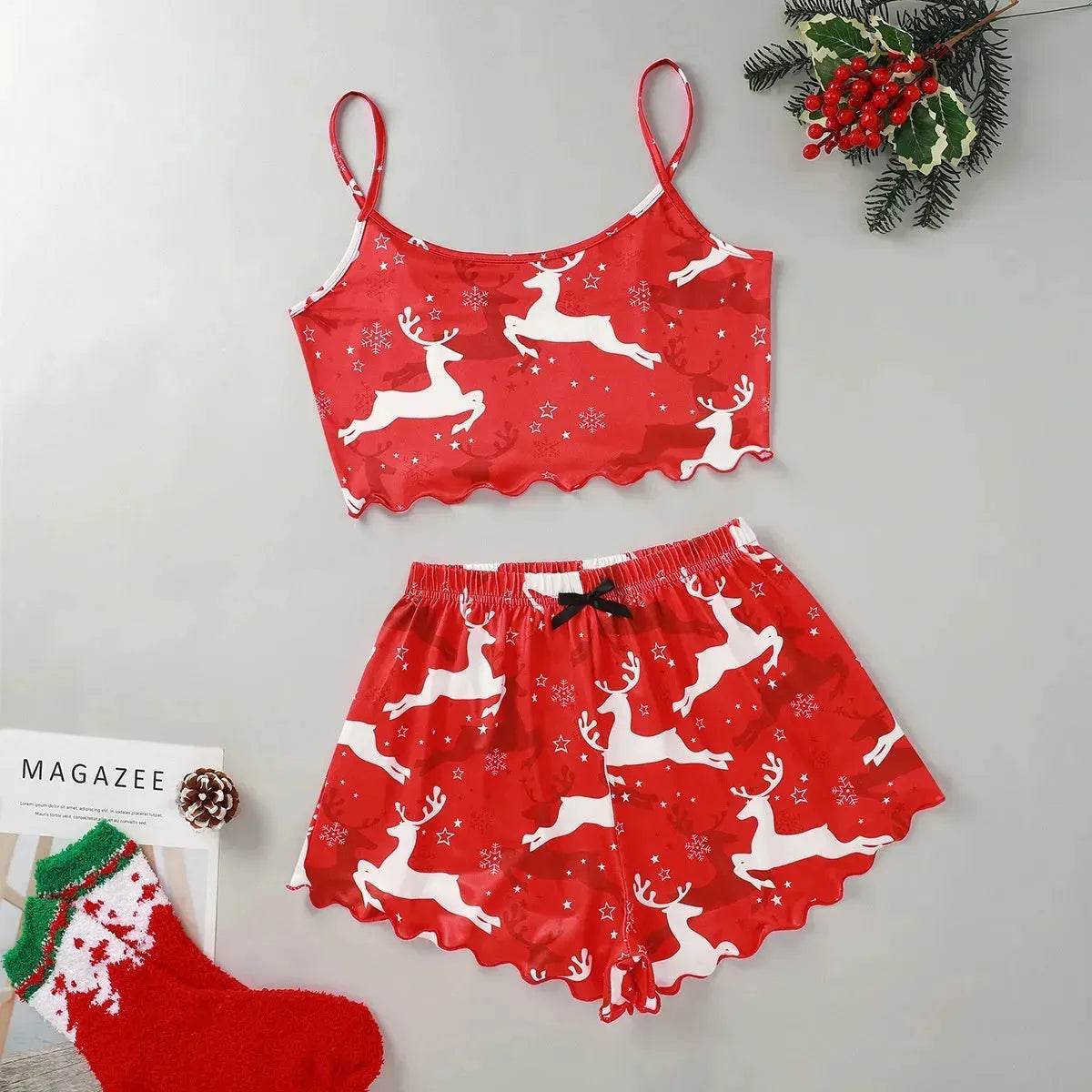 Christmas European And American Thin Pajamas Women's Sleeveless Shorts Milk Silk Simple Casual Two-piece Suit Homewear - www.Shopthatapp.com