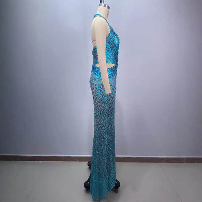 New Halter Deep V-neck Slim fit Sequined Evening Party Dress - www.Shopthatapp.com