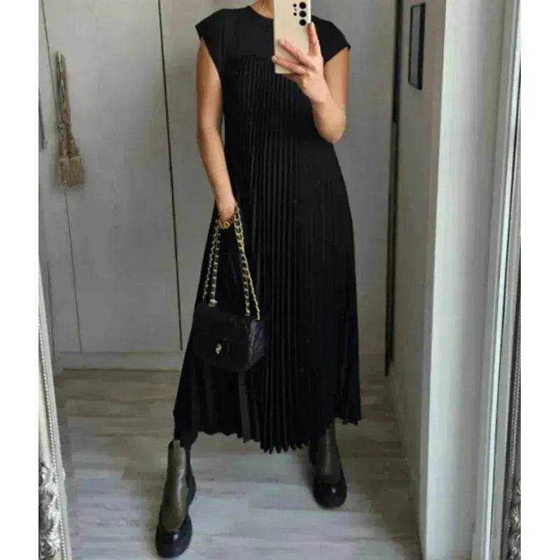 Women Summer Pleated Maxi Dress Casual Short Sleeve Crewneck Flowy Swing Long Dress with Pockets - www.Shopthatapp.com