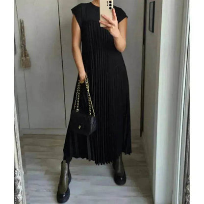 Women Summer Pleated Maxi Dress Casual Short Sleeve Crewneck Flowy Swing Long Dress with Pockets - www.Shopthatapp.com