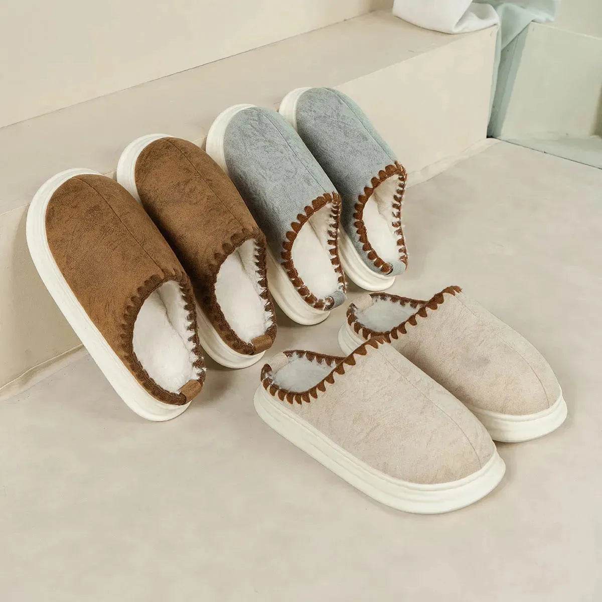 Winter Fashion Cotton Slippers With Sewing-side Design Indoor Non-slip Bedroom Floor Plush Slipper House Shoes Women Couple - www.Shopthatapp.com