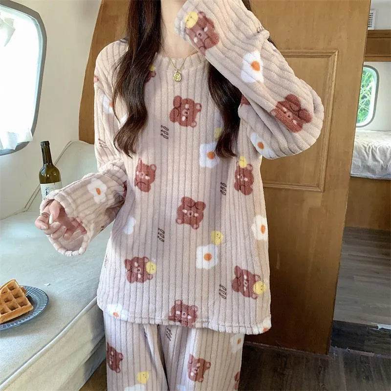 2pcs Women's Fall Winter Warm Pajamas Sets Coral Long Sleeve Cute Cartoon Bear Sleepwear Nightclothes - www.Shopthatapp.com