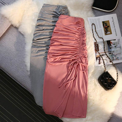 Women's drawstring Side Slit Pleated Hip Midi Skirt - www.Shopthatapp.com