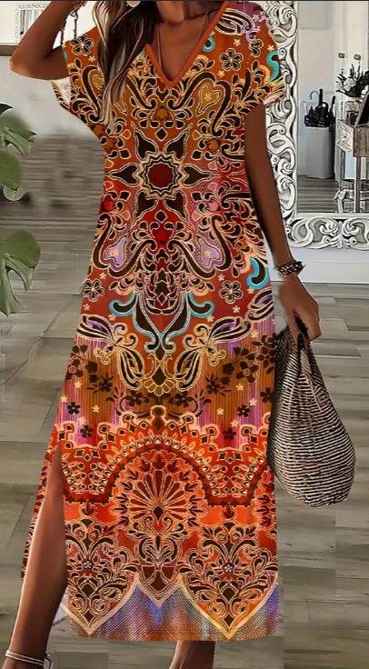 Spring Summer Boho-Chic Plus Size Floral Print Dress Side Slit maxi dress - www.Shopthatapp.com