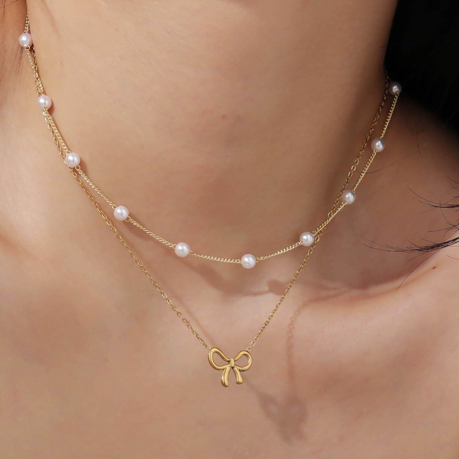 Simple Pearl Double Layer Choker Fashion Gold Color Necklaces Chain Small Bow Pendant Necklace Jewelry Gifts For Women Fashion Jewelry Valentine's Day Gifts - www.Shopthatapp.com